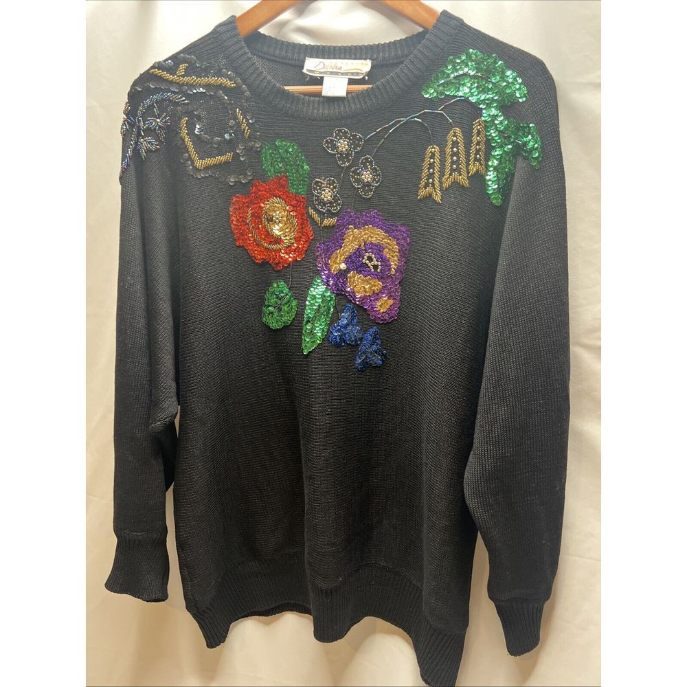 Diana Marco FLORAL‎ SEQUIN Sweater Black Knit 42/22w Bright Colors Vintage